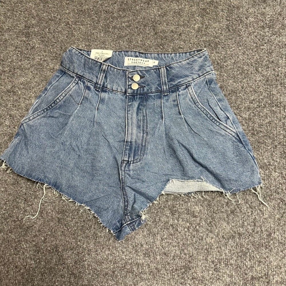 Streetwear Society Denim Shorts Womens Size 0 Blue High Rise Pleated Distressed